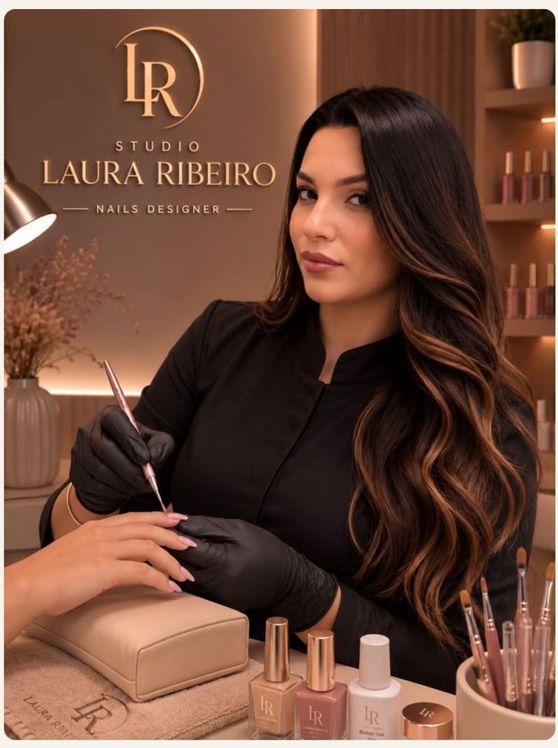 Laura Ribeiro realizando manicure em cliente no Studio Laura Ribeiro, nail designer em Ribeirão Preto